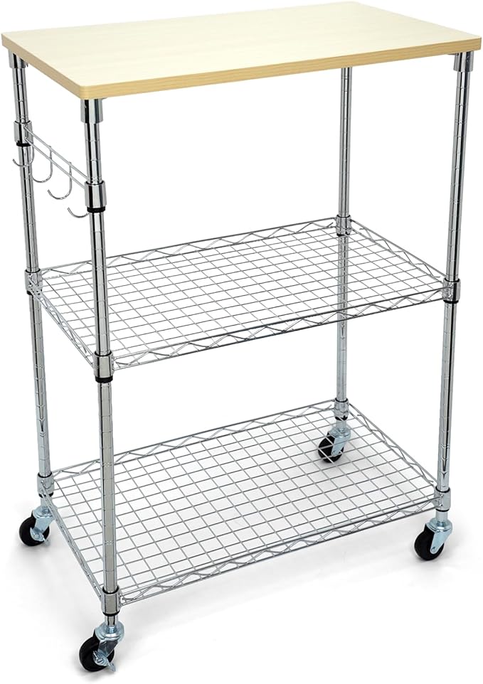 Chrome 3-Tier Rolling Kitchen Cart with Wheels 14" D x 24" W x 34" H and Wood Board Tabletop and 4 Hooks, 300 Pound Capacity, Great for Coffee Cart, Food Service Cart or Utinity and More.
