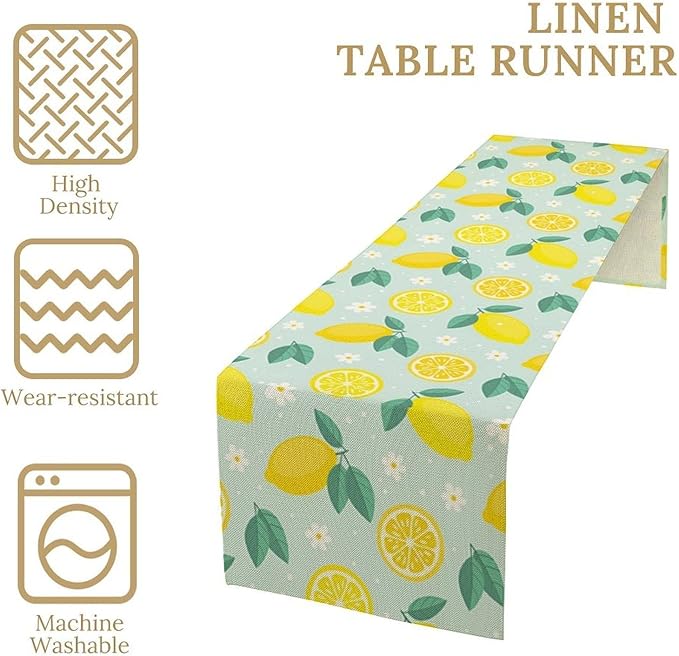 Spring Lemon Table Runner, Summer Seasonal Green Leaves Flowers Yellow Fruit Print Table Runner for Farmhouse Kitchen Dining Table Home Party Decor 13x60in