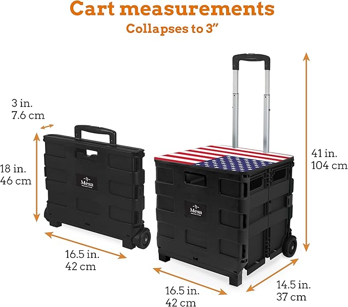 Inspired Living Collapsible Ultra-Slim Pack-N-Roll,2 Wheel Utility Cart w/Lid Used as Seat up to 250 Lbs, Telescopic Handle, Super Strong, for Home,Garden,Shopping,Office,School, Large, American Flag