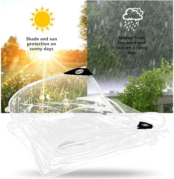 Clear Tarp with Grommets, Transparent Heavy Duty Water Resistant Tarp Cover with Reinforced Edge,14Mil Thickened Tear Resistant PVC Vinyl Tarpaulin Enclosure for Patio,Porch and Outdoor（8' x 8'）
