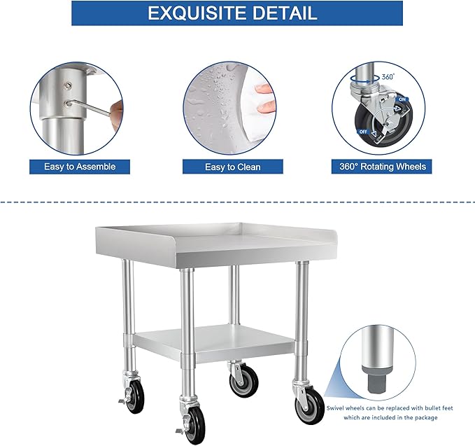 HARDURA Stainless Steel Equipment Work Stand 24" x 24" Prep Table with Under Shelf and Caster for Commercial & Workplace, Home, Hotel, Garage