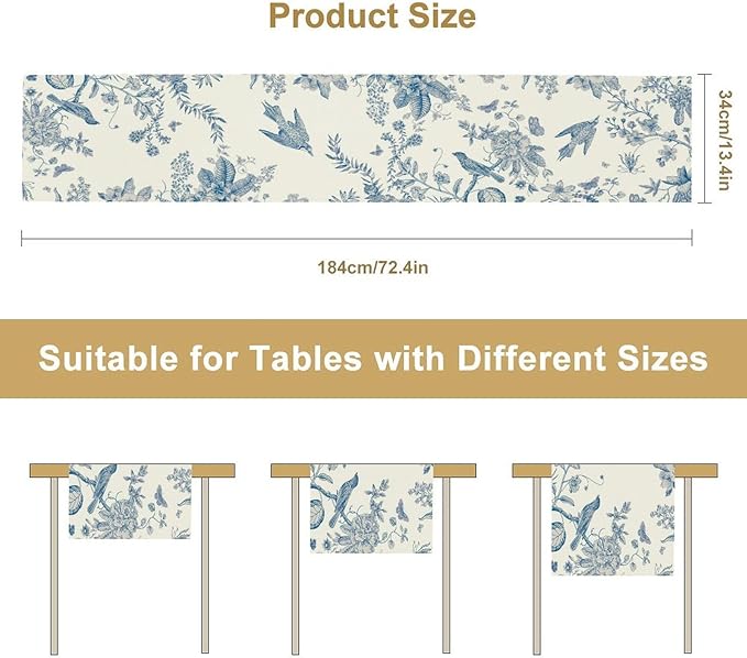 Spring Flower Table Runner, Farmhouse Vintage Blue White Floral Bird Print Table Runner for Kitchen Dining Table Party Wedding Decor, 13x36inch