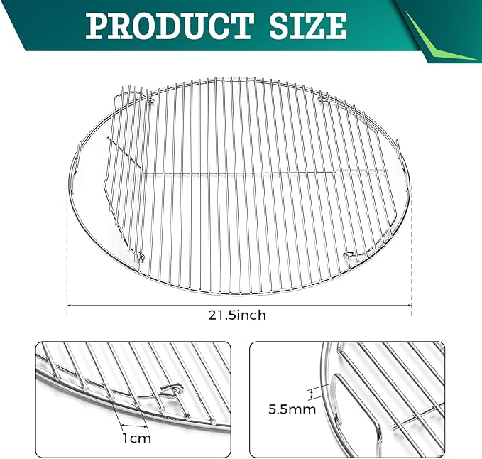 Hinged Cooking Grate for Weber 22 inch Charcoal Grill Stainless Steel Replacement Grate Compatible with One Touch Smokey Mountain Kettle Grill Parts with Handle