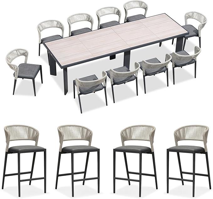 PURPLE LEAF 11 Pieces Outdoor Dining Set Patio Table and Chairs Set Aluminum Wicker Rattan Patio Furniture Set for Lawn Garden Porch Beige Marble Color Outdoor Set with Counter Stools