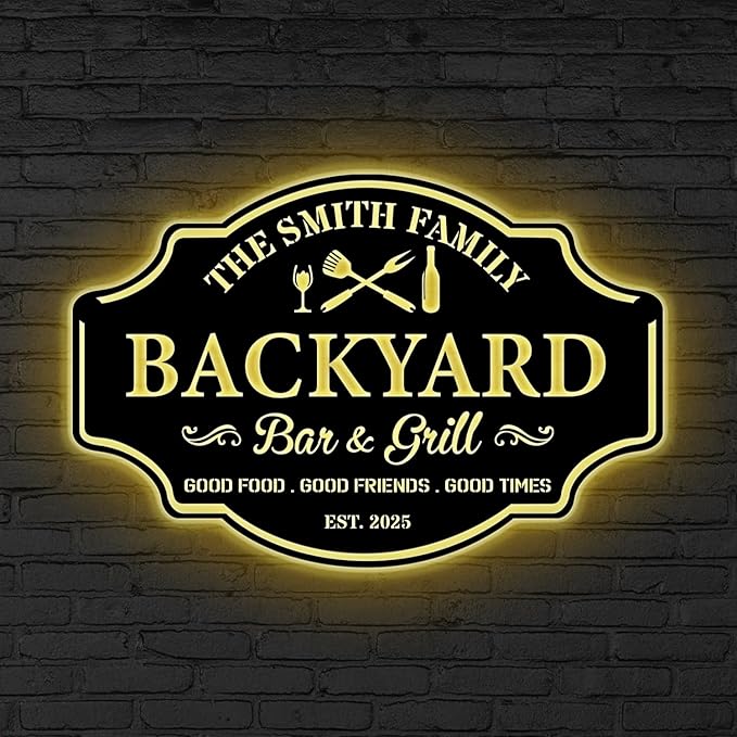 Custom Backyard Bar & Grill LED Sign – Personalized BBQ Sign, 16-Color LED with Remote Control, Barbecue Custom Led Sign, Bar Metal Wall Art, Grill Art Decor for Patio, Home, Kitchen