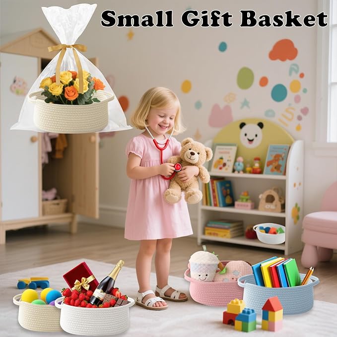 Gift Basket with Gift Bag and Ribbons,Small Rope Woven Shelf Storage,Baskets for Gifts Empty,Birthday,Baby Shower,Decorative Organizer Box with Handles(Cream)