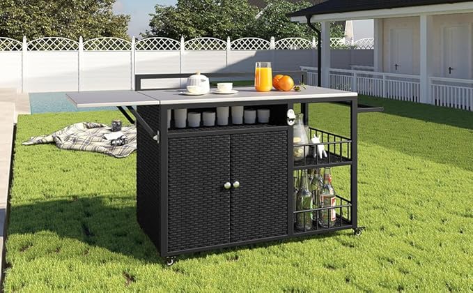 CHARMMA 63.5" Outdoor Kitchen Island, Kitchen Storage Island, Cooking Station, Outdoor Grill Cart with Foldable Side Tabletop, Ample Storage Space, Bottle Opener for Outside Patio, Backyard