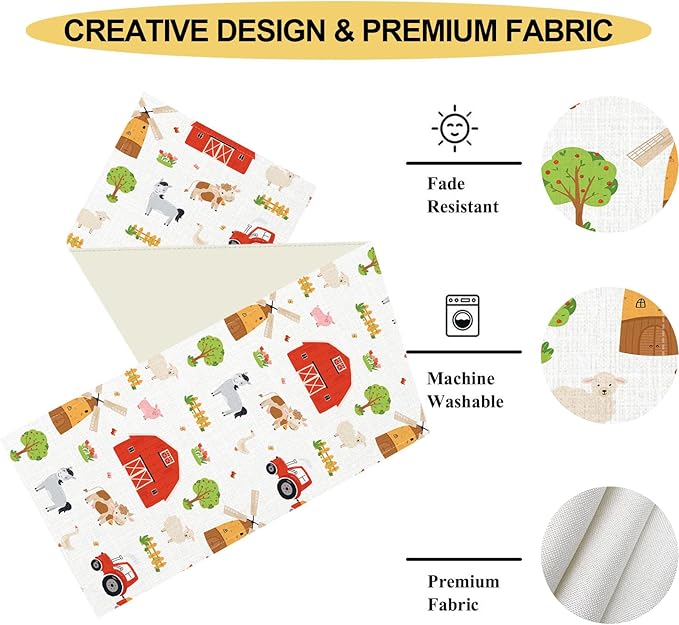 Farm Animals Table Runner, Rustic Farmhouse Cow Pig Rooster Watercolor Coffee Table Center Decor for Home Kitchen Dining Patio Holiday Party Indoor Outdoor Table Decorations, 13"x36" Inch