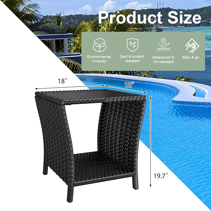 kinbor Small Outdoor Table - Tempered Glass Top Small Outdoor Wicker Side Table with Storage Shelf for Patio, Balcony & Porch, Durable PE Rattan & Iron Frame