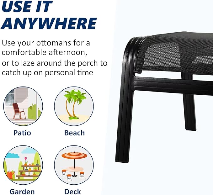 Patio Outdoor Ottoman Assembled Aluminum Footstools Small Seat Side Table Footrest for Balcony, Poolside 2 Set Black