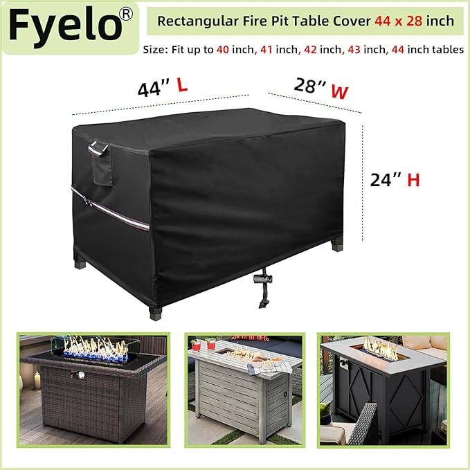44 x 28 Inch Rectangular Fire Pit Cover for 40-44 Inch Outdoor Gas Fire pit tables, Waterproof 600D Heavy Duty Patio Firepit Table Cover UV Resistance, Black
