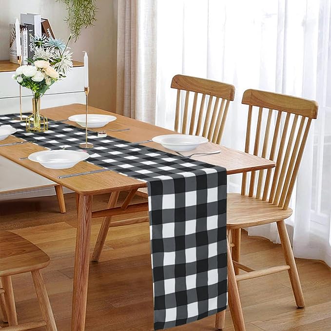 Fabric Checkered Table Runner 12 Pack Waterproof Gingham Table Runner 14W x 108L Buffalo Check Table Runners for Parties Kitchen Dining Wedding Banquet (Black and White)