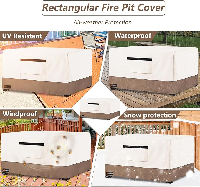 Fire Pit Cover Rectangular, Outdoor Heavy Duty 600D Tear-Resistant 100% Waterproof 42 Inch Fire Table Cover Rectangle, Patio Weatherproof Rectangular Fire Table Protector, Beige 42" L x 24" W x 24" H