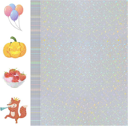36 Sheets Holographic Sticker Paper Transparent Holographic Laminate Sheets Self Adhesive Glitter Film Laminating Sheets Clear Waterproof Vinyl Overlay for DIY Crafts, 8.5 x 11 inch Star Pattern