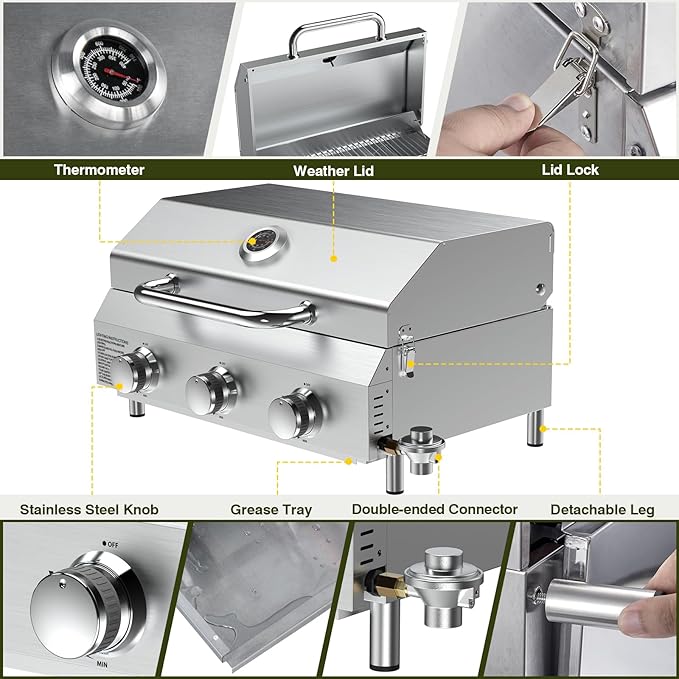 Bestfire 3-Burner Tabletop Gas Grill with Dual Connections, 30,000 BTU Portable Propane Grill Fits Large Cylinders & Small Canisters, Stainless Steel Knobs, Compact Design for Camping, RV, BBQ