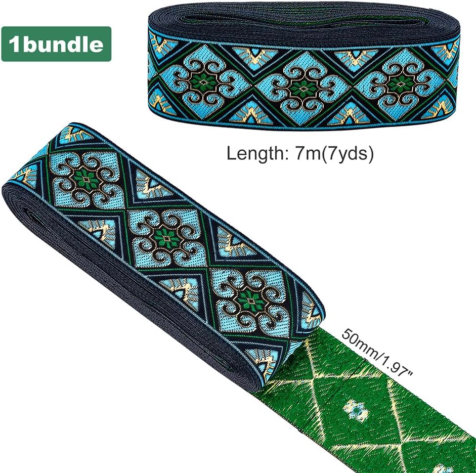 PH PandaHall 7 Yards Jacquard Ribbon Trim 2 Inch Boho Embroidered Woven Lace Ribbon Fabric Vintage Flowers Straps Fabric Bias Tape for Bohemian Persian Clothes Bag Holiday Christmas Decor Gift Wrap