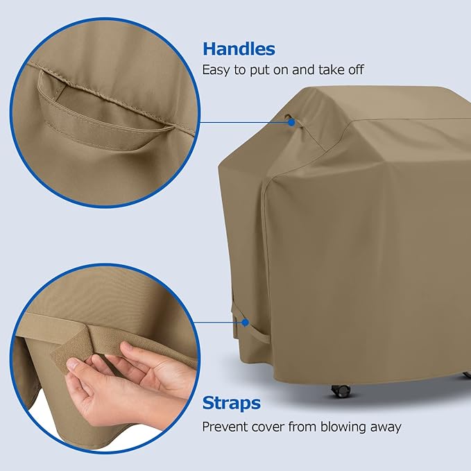 SunPatio Grill Cover 48 Inch for Outdoor Grill, Heavy Duty BBQ Cover with Waterproof Sealed Seam, FadeStop Material, All Weather Resistant Compatible for Weber CharBroil Nexgrill and More, Taupe