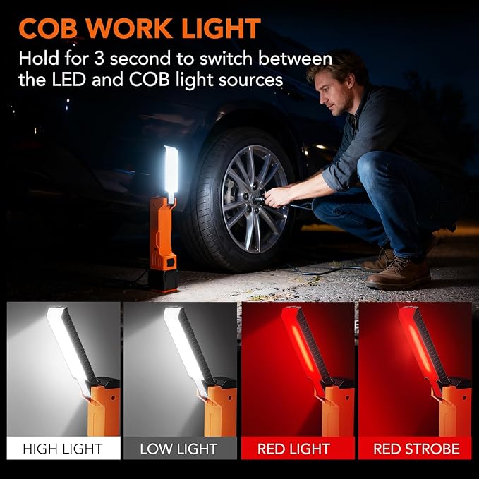 Rechargeable Work Light, 1800mAh COB Portable LED Work Light, Work Flashlight for Car Repair Machine Emergency, 4 Lighting Modes, USB C Cable, Pack of 1