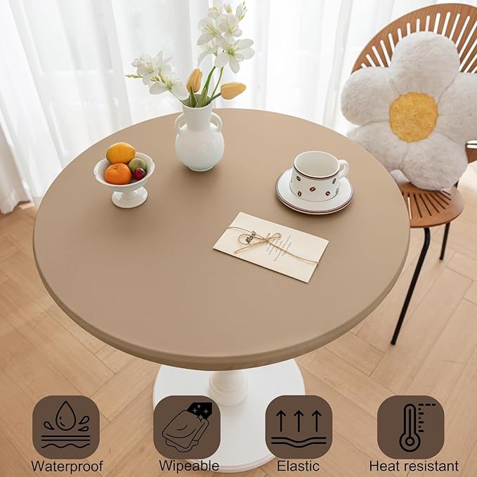 Round Fitted PU Tablecloth with High Elastic Edge 59 Inch Dia Waterproof Oil Proof Table Cloth Anti-scald Stain-Resistant Wipeable Table Cover for Indoor Outdoor Picnic (Cream Coffee,59"Dia)