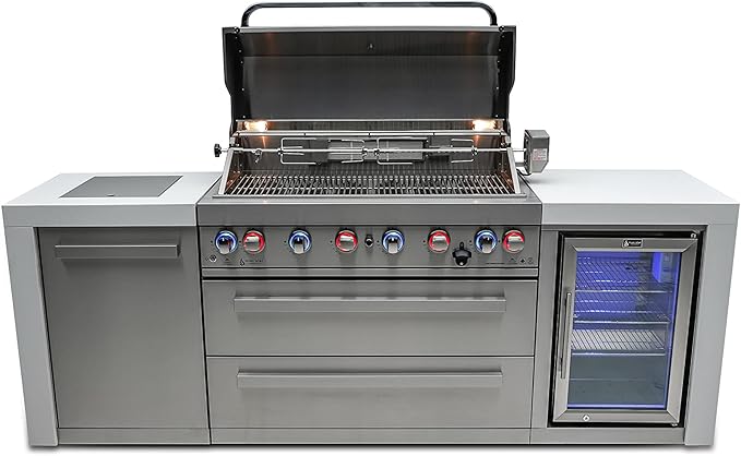 Mont Alpi 805 MAi805-DFC 115000 BTU Stainless Steel Deluxe Modular Outdoor Kitchen Island BBQ Grill with Fridge Cabinet + Infrared Rear & Side Burner + Granite Countertops + Rotisserie Kit & Cover