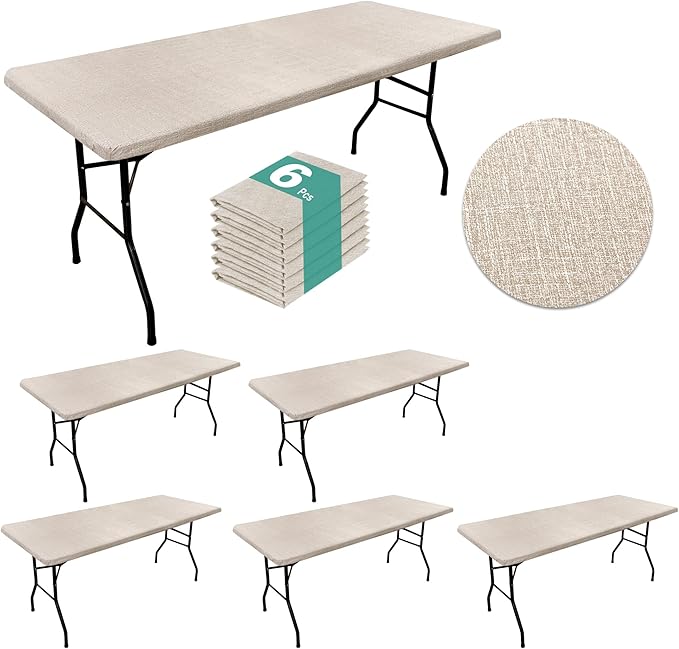 LUSHVIDA 6 Packs Vinyl Tablecloths with Flannel Backing for 6ft Rectangle Folding Table Cloths - Waterproof Plastic Picnic Table Covers with Elastic Corners, 30x72 inch, Natural Color