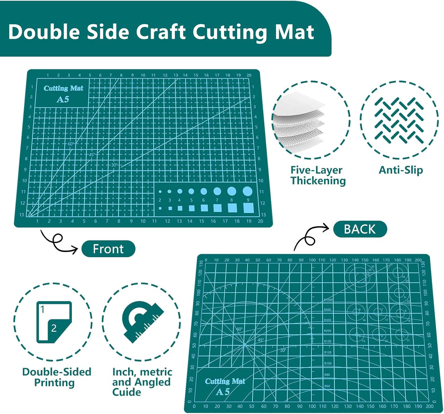 Cutting Mat 8in6in Self Healing Cutting Mat Size Double Sided 5-Ply Rotary Sewing mat for Crafts Fabric Quilting Hobby Art Clay Precision Scrapbooking Project, A5, Green 5PCS