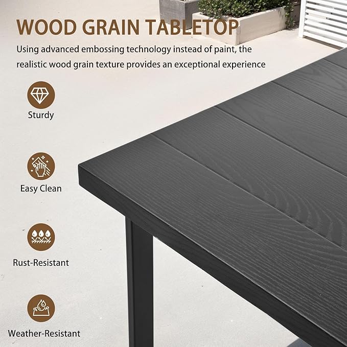 7-Piece Patio Dining Table and Chair Sets, Outdoor Metal Dining Furniture Set with Umbrella Hole, Wood Grain Tabletop, 6 Rope Patio Chairs with Faux Wood Armrest & Cushions for Backyard, Deck