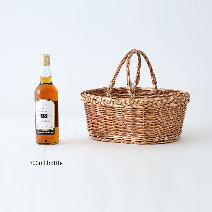 Wicker Picnic Basket with Handles, Handwoven Gift Basket, Shopping Basket, Natural Brown - Small