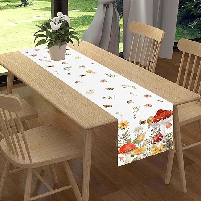 Mushroom Table Runner, Rustic Farmhouse Forest Plants Botanical Wildfloral Coffee Table Center Decor for Home Kitchen Dining Patio Holiday Party Indoor Outdoor Table Decorations, 13"x36" Inch