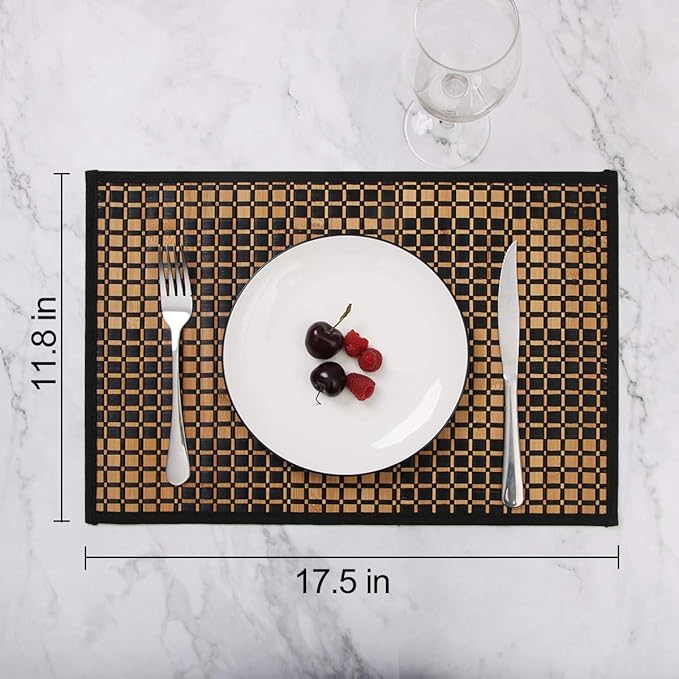 Placemats Set of 6 for Dining Table, Bamboo Place Mats for Kitchen Table Decor, Table Mats Heat Resistant & Non-Slip for Indoor/Outdoor Party, Table Placemats Set of 6 for Dinner Table Black