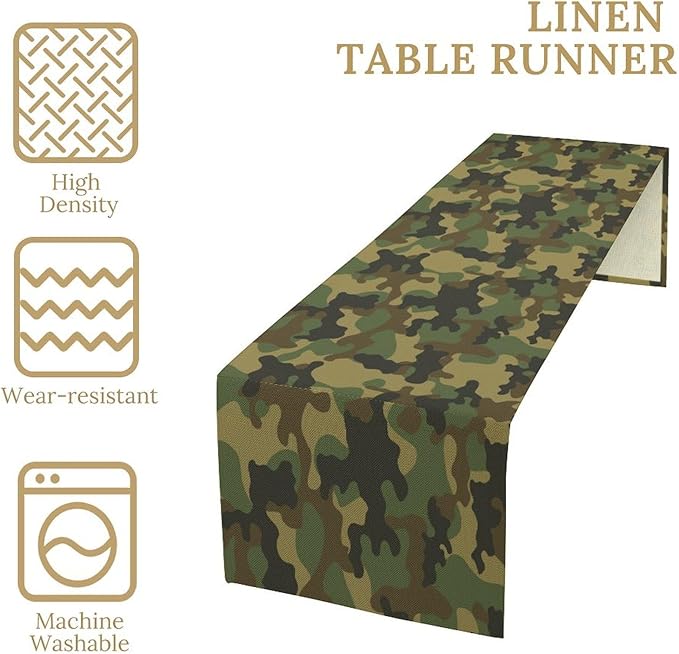 Camo Table Runner, Military Camouflage Coast Guard Force Soldier Hunting Themed Table Runner for Holiday Birthday Party Home Kitchen 13x120in