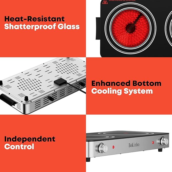 Electric Cooktop, Dual 2200 Watts Infrared Burner, 2 Burner Electric Hot Plate for Cooking, Knob Control Countertop & Built-in Ceramic Cooktop, Overheat Protection Burner for Dorm, Kitchen