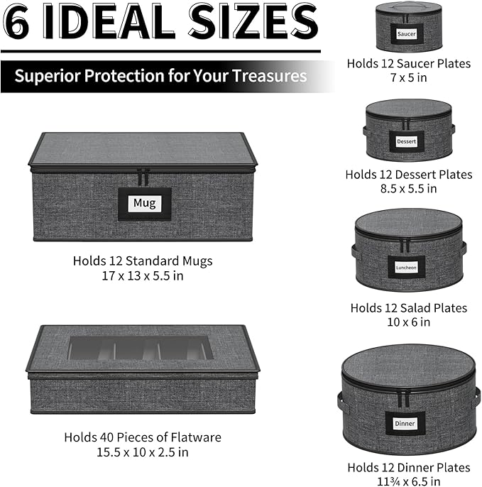 Aokeyee China Storage Containers- 6 Piece Set Hard Shell Moving Box for Dishes, Plate, Mugs, Cups, Silverware, Flatware, Saucers, Dinnerware, Sturdy Quilted Organizer with Soft Dividers, Handles, Grey