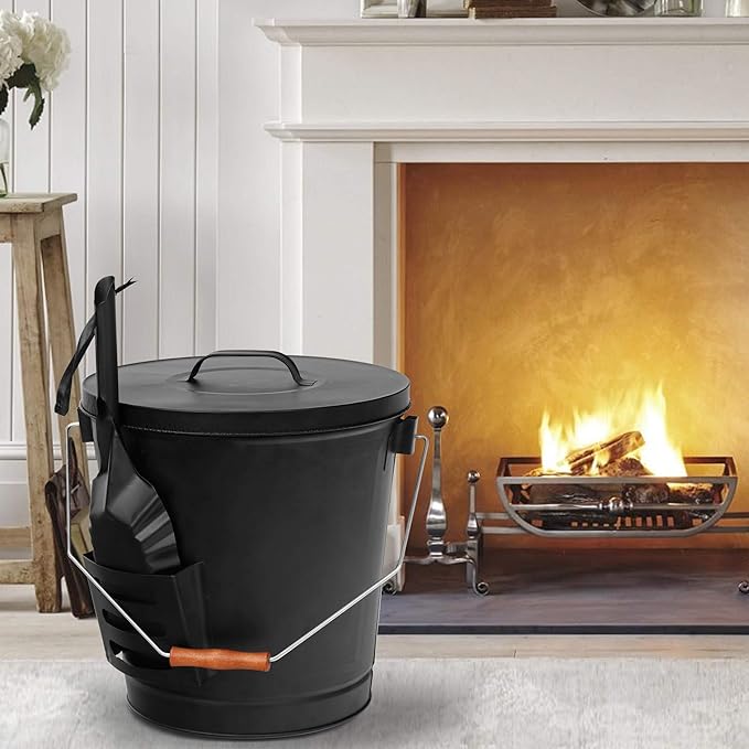 5.15 Gallon Hot Ash Bucket Fireproof Pellet Bucket with Lid and Shovel for Fireplaces, Fire Pits - Black