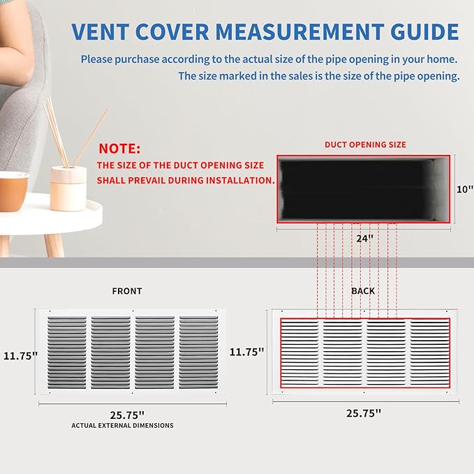 24x10 Return Air Grille (Duct Opening Size), Air Return Vent Cover, AC Vent Cover, Cold Air Return Vent Cover, Flat Return Air Grilles, Outer Dimensions:25.75"W x 11.75"H (24"Wx10"H, Duct Opening)