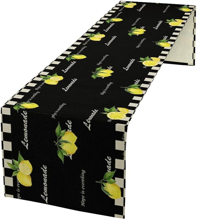 Lemon Table Runner,White Black Buffalo Plaid Watercolor Summer Fruit Print Table Runner for Kitchen Dining Table Indoor Outdoor Home Party Decor 13x70in