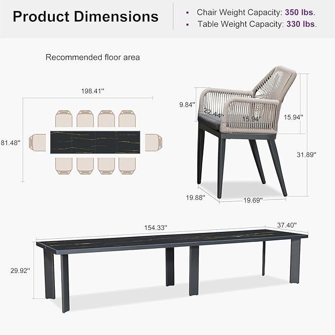 PURPLE LEAF 11 Pieces Patio Dining Set Aluminum Modern Oversize Rectangular Table and Rattan Arm Chairs with Cushions for Kitchen Porch Garden Outdoor Furniture Sets, Dark Grey