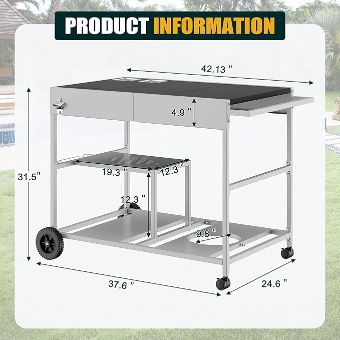 Shintenchi Pizza Oven Cart Table with Topping Station and Wheels, Outdoor Tabletop Grill Table Stand, Movable Food Prep Workcart Fits for Ninja and Blackstone Woodfire Grill