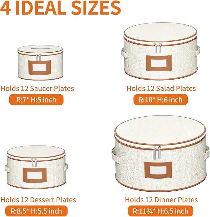 Aokeyee 4 Pcak China Storage Containers, Hard Shell Plates Storage Box with 48 Soft Divider for Saucer, Dessert, Salad, Dinner, Sturdy Quilted Stackable Dish Organizer for Moving & Protection, Ivory