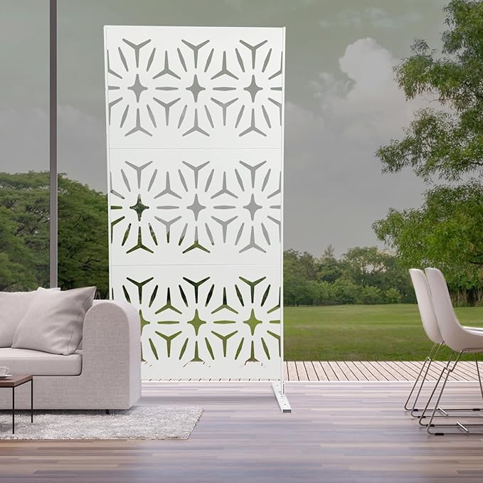 75" H×35" W Decorative Outdoor Privacy Screen with Stand, Outdoor Decor Privacy Fence Screen Metal Fence Panels, Free Standing Metal Divider for Patio Lawn Deck (White-Small Rhombus)