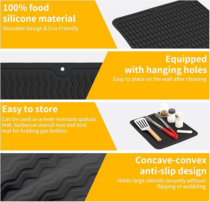 Grill Accessories, 16x12 Inch Silicone Heat Resistant Mat, BBQ Tool Rest Pad for Blackstone Griddle Side Shelf, Weber, Traeger, Outdoor Kitchen Countertop Protector (Black)