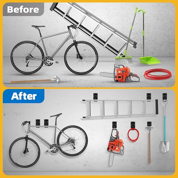8 Pack Garage Hooks Heavy Duty 10 INCH Double-Layer Steel Shed Wall Mount Workshop Garage Storage Organizer Hooks for Hanging Garden Tool, Hose, Ladder, Chairs, Bikes with Anti-Slip Coating