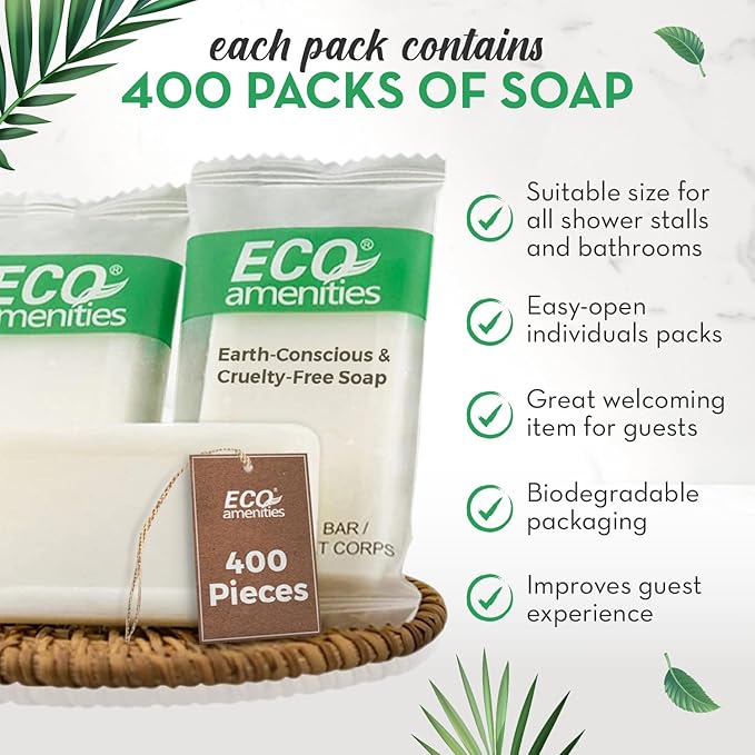 ECO Amenities Travel Size Bar Soap - 400 PACK, 0.5 oz Mini Soap Bars, Hotel Soap Bars, Travel Size Toiletries - Individually Wrapped Bulk Soap Bar, Small Hotel Soaps for BNBs, VRBO, Inns and Hotels