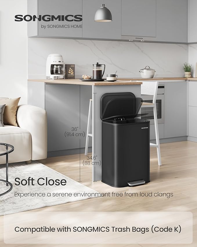 SONGMICS Kitchen Trash Can, 13-Gallon (50 L) Garbage Can with Lid, Stainless Steel, Soft Close and Stays Open, Inner Bucket, Wide Non-Slip Pedal, Ink Black ULTB547B01