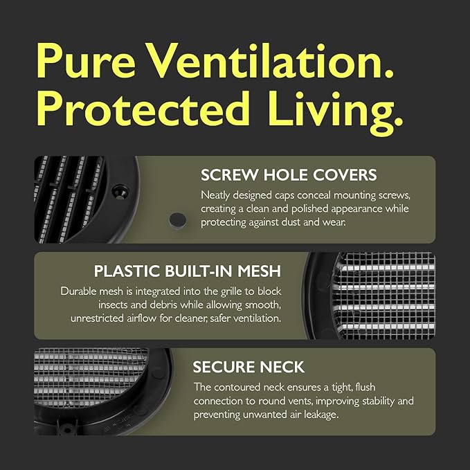 4 Inch [Opening] Black Air Vent Cover – Pack of 10 – Plastic Round Air Vent Grill Cover for Wall or Ceiling, Built-in Mesh Screen/HVAC Return Air Register – Modern Louvered Design