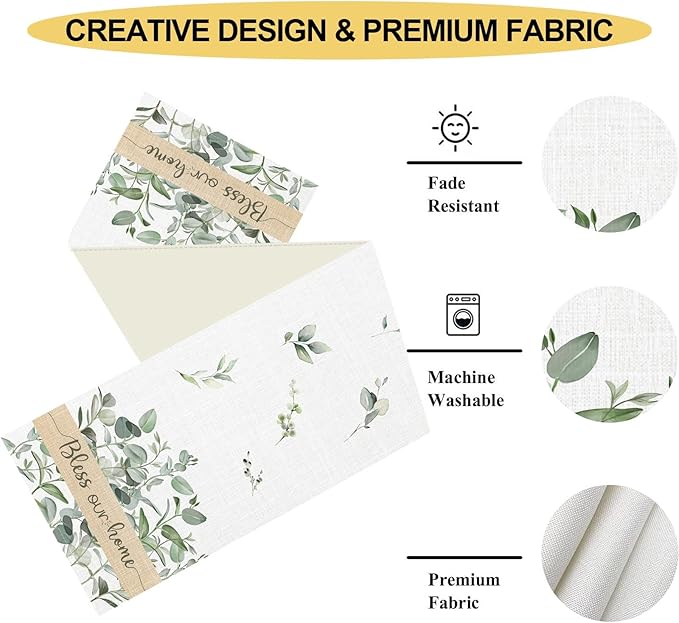 Farmhouse Table Runner, Green Eucalyptus Spring Summer Seasonal Plants Rustic Country Cafe Coffee Table Center Decor for Home Kitchen Dining Patio Indoor Outdoor Table Decorations, 13"x90" Inch