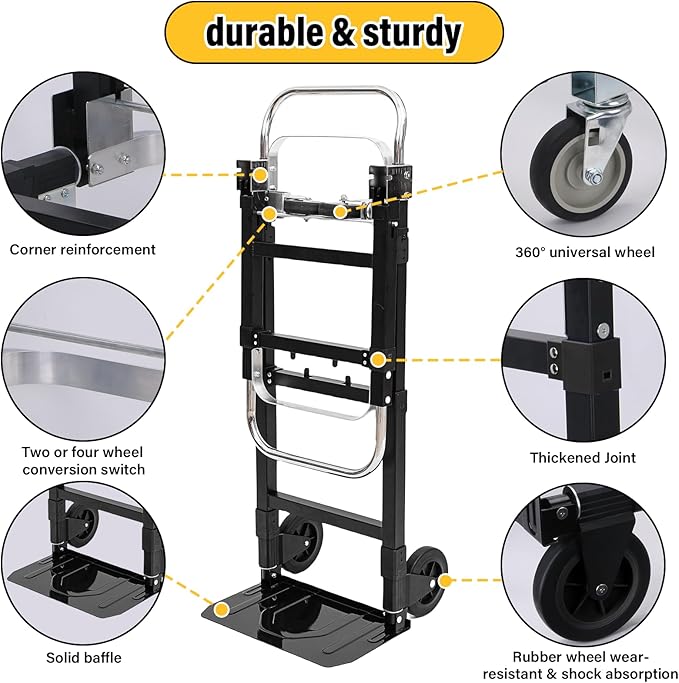 Upgraded 3 in 1 Folding Hand Truck, 600lbs Capacity, Heavy Duty Convertible Dolly with Retractable Handle and 4 Rubber Wheels, Collapsible Cart for Moving Home, Office, Warehouse (Black)