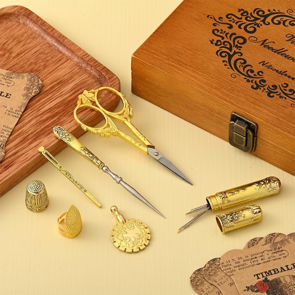 Vintage Embroidery Scissors Set, European Style Stainless Steel Sewing Tools for Sewing, Craft, Art Work, Needlework, Gold