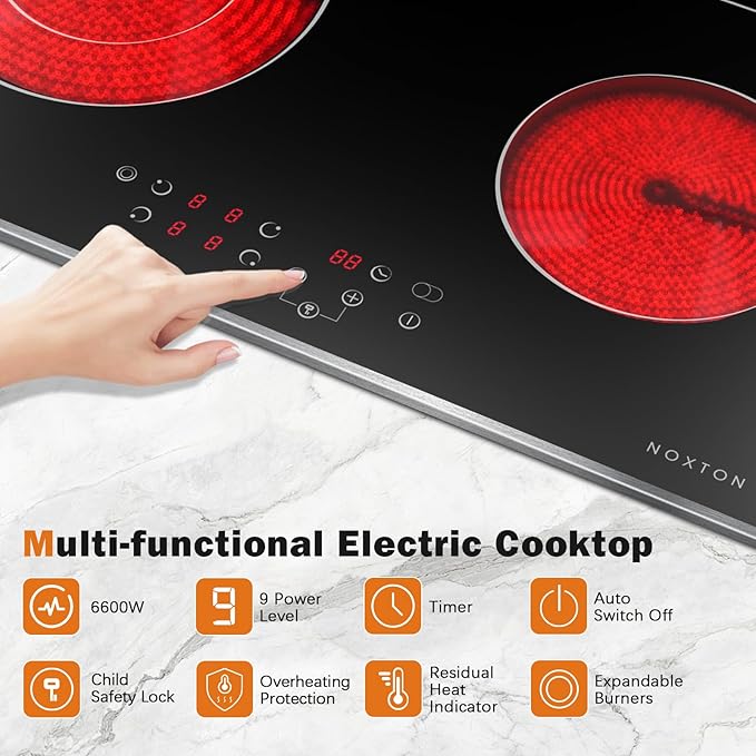 Noxton 24 Inch Electric Cooktop, 4 Burners Ceramic Glass Stove Top with Dual and Oval Expandable Zones, Stainless Steel Frame, Timer, Child Lock, 240V Hardwired