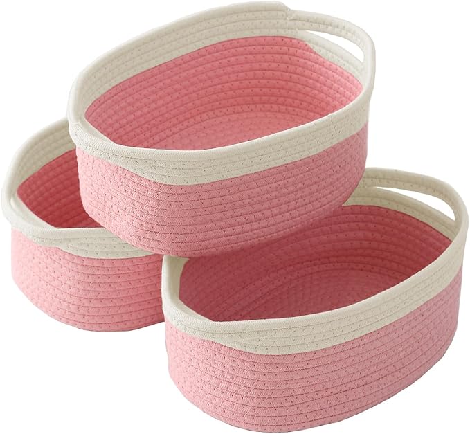 Woven Basket,Small Rope Storage Bin with Handles & Ribbon Bag, Organizer for Shelves Closets,Gift Basket Empty for Birthday,Books,Dog Toys, White&Pink/3 Pack